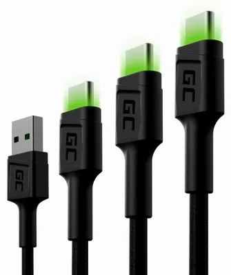 Zdjęcie produktu dla Green Cell Zestaw 3x Kabel GC Ray USB - USB-C 30cm, 120cm, 200cm, zielony LED, szybkie ładowanie Ultra Charge, QC 3.0, 2 m, USB A, USB C, 0,48 Gbit/s, Czarny
