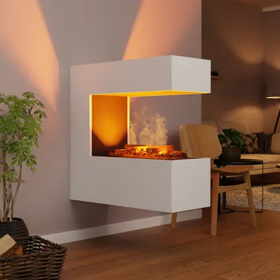 Produktbild von GLOW FIRE Elektrokamin 'Schiller Wandkamin' | Wasserdampf Kamin mit OMC 400 inkl. Deluxe Echtholz in weiß als Raumteiler | HxBxT: 90x90x37 cm