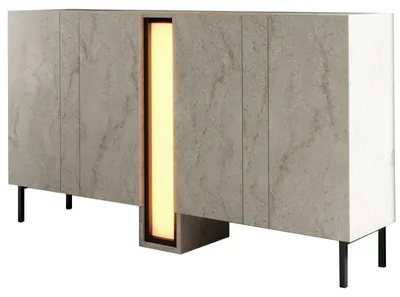 Image de Console Meuble d'entrée Bois MDF mélaminé effet travertin - L155 x H85 x P32 cm - LED RGB - Pieds métal