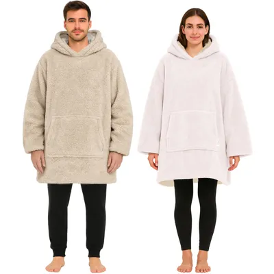 Produktbild von CalmyLIFE Hoodie Decke mit Ärmeln - Sherpa Wende Deckenpullover Oversize Kuscheldecke zum anziehen Kuschelponcho für Damen Herren XXL Poncho Blanket Pullover Beige/Weiss