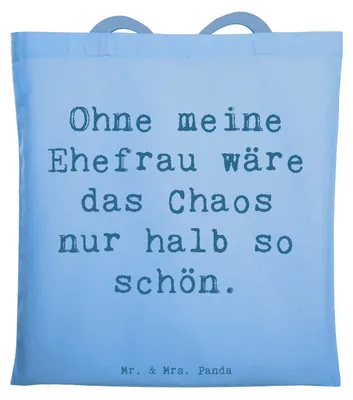 Produktbild von Mr. & Mrs. Panda Tote Bag Spruch Ehefrau Chaos - Sky Blue - Geschenk, persönliche Erinnerungen, Familie, Jahrestag, Laptoptasche, Tasche, für, Beziehung, Geburtstag