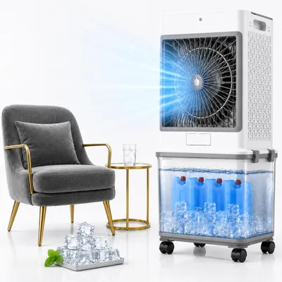 Immagine prodotto di Condizionatore portatile da 32 litri senza tubo di scarico, 70 W, con 4 vaschette per il ghiaccio, autonomia di 30 ore, ventilatore silenzioso da 30 dB, raffreddamento ad acqua, per appartamenti e stanze, 85 cm