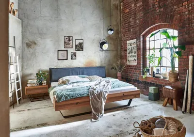 Produktbild von Bett Soro 140x200 cm Walnussholz Polsterkopfteil Dunkelgrau Metallkufen