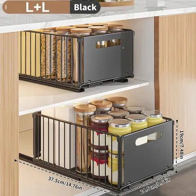 Image de Organisateur de placard de cuisine - Étagère coulissante pour tiroirs - Panier de rangement métallique réglable pour placards et épices - Lot de 2, grande taille