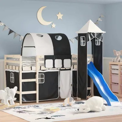 Obrázok produktu pre Maison Exclusive – závesy na poschodovú posteľ s tunelom a vežou, biele a čierne