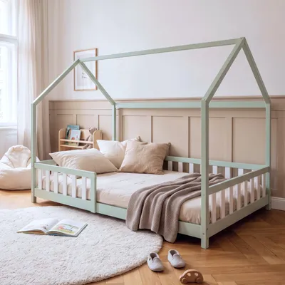 Immagine prodotto di Letto a soppalco "Hesel" per bambini, con protezioni laterali, dimensioni 120 x 200 cm, realizzato in legno di pino, colore verde menta/bianco