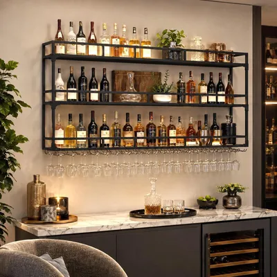 Produktbild von Wandweinregal mit Glashalter, 3 Ablagen, Wandmontage (Schwarz, 100CM) | Für Weinflaschen und Barzubehör, Küche, Esszimmer, Hausbar, Café und Restaurant