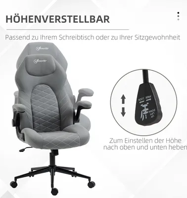 A grey office chair with a diagram showing how to adjust its height.