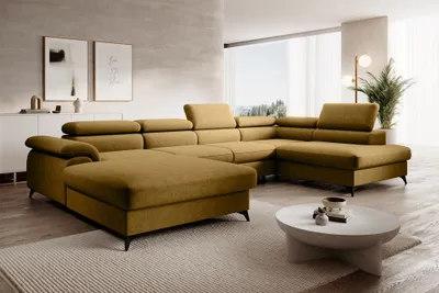 Produktbild von Wohnlandschaft U-Form Schlafsofa BASTIEN in Stoff Whisper Ocker Ottomane Links