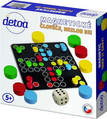 The image shows the packaging of a magnetic board game for children, along with some of its components.