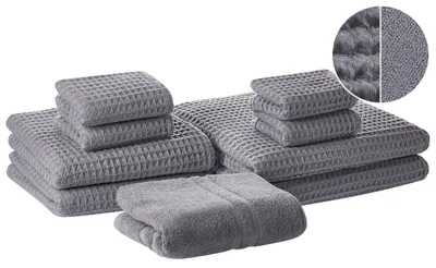 Produktbild von BELIANI Badehandtuch Set mit Badematte 9-teilig Grau Baumwolle Zero-Twist-Garn verschiedene Größen Badezimmer Ausstattung