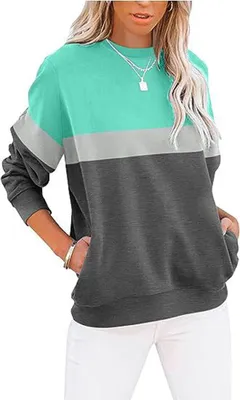 Produktbild von ASKSA Damen Pullover Rundhals Langarm Sweatshirt Casual Lose Farbblock Herbst Winter Oberteile Oversize Tops, Gruen&Grau, S