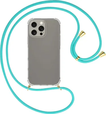 Produktbild von Handykette Backcover-Schutzhülle mit Band (Metall goldfarben) für iPhone 16 Pro Max - türkis