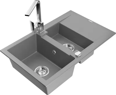 Produktbild von Mexen Gaspar 1,5-Becken-Granitspüle mit Abtropffläche und Mischbatterie Rita, Grau - 6507-71-670300-00