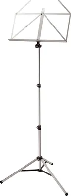 A silver music stand with a tripod base.