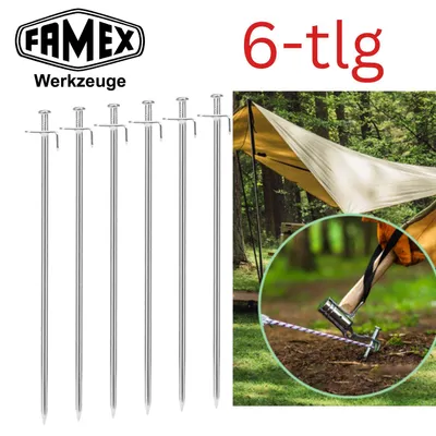 Produktbild von FAMEX Zeltheringe Erdnägel aus Stahl, 6 Stück, Robuste Bodenanker für Zelte, Pavillons, Sonnensegel, Camping & Outdoor