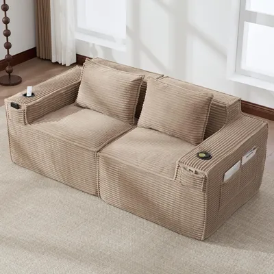 Produktbild von Modulares 2-Sitzer-Cordsofa mit Getränkehaltern Seitentaschen Federkern hochdichter Schaumstoff formstabil 188x90x75cm Khaki