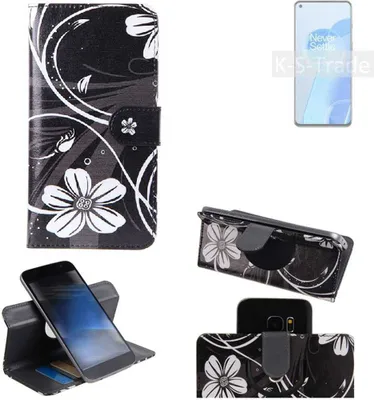Produktbild von K-S-Trade Schutzhülle Handyhülle kompatibel mit OnePlus 9RT Hülle 360° Wallet Case ''Flowers'' Klapphülle Hülle schwarz-weiß 1x
