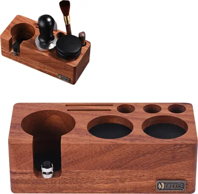 Obrázek produktu pro TREELF stanice na pěchování kávy z ořechového dřeva pro kávovary na espresso o průměru 58 mm, výškově nastavitelný stojan na sítko, stanice na pěchování kávy 3 v 1, organizér, rozdělovač a držák na sítko na pracovní desku