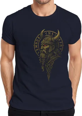 Produktbild von Wikinger Kriegerporträt Runen Helm Odin nordische Mythologie Herren T-Shirt, Navy, XXL