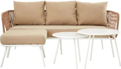 Produktbild von Gartenlounge MYKONOS, weiß/beige - Balkon Lounge Sofa mit Dreisitzer, Hocker & Beistelltisch, wasserabweisende Kissen, wetterfest für Balkon und Terrasse