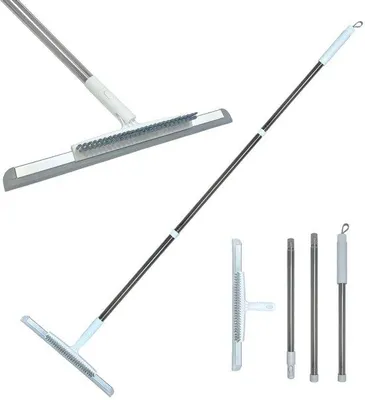 Produktbild von Unyqoos® Verstellbarer Dusch- und Fensterwischer aus Edelstahl mit Mikrofaserbürste, 180° Drehkopf, Teleskopstiel bis 124 cm, Klebehaken