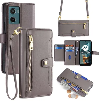 Produktbild von Handykette Hülle für Motorola Moto G05 / Moto E15 mit Band Handyhülle Kartenfächer Kunstleder Umhängetasche in Grau