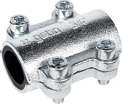 A close-up studio shot of a metal pipe repair clamp.