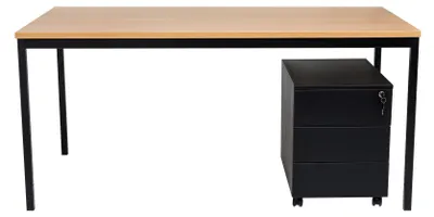 Produktbild von Schreibtisch und Stahl Rollcontainer, 3 Schübe, Buche, 140X80X75 cm