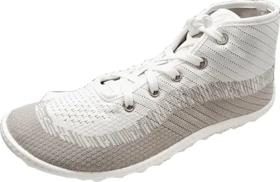 A single white and gray high-top sneaker is shown against a white background.