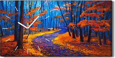 Produktbild von Leinwand Wanduhr Wandkunst Uhr 60x30 Malen von Wald Bäumen Herbst Blätter - weiße Hände