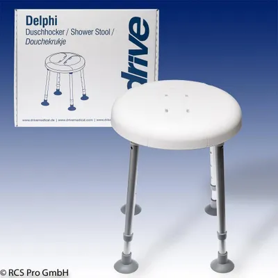 A shower stool and its packaging are displayed against a gradient blue background.