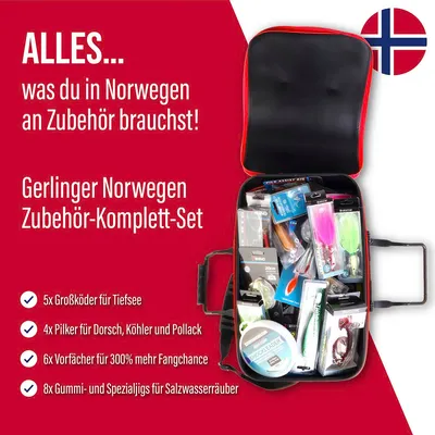 Produktbild von Gerlinger Norwegen Zubehör-Komplett-Set - Angelset für Norwegen - Norwegenangeln - Tasche, Pilker, Filetiermesser u. v. m.