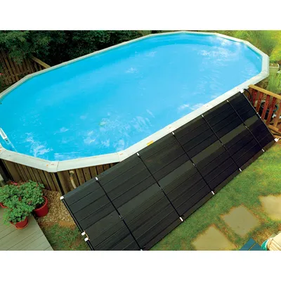 An above-ground swimming pool with a solar heating system next to it.