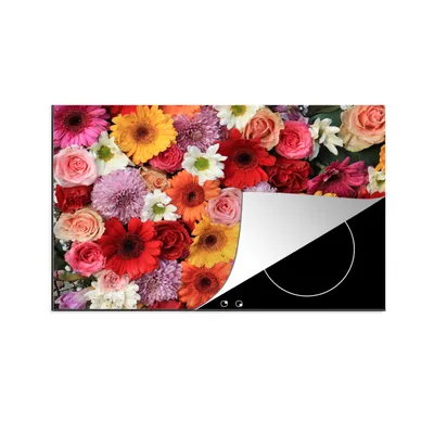 Produktbild von KitchenYeah© Herdabdeckplatte Blumen - Farben - Gerbera - Rosen , 81x52cm, Küche Deko, Glaskeramikkochfeld Herdabdeckung, Abdeckplatte fùr Kochfeld