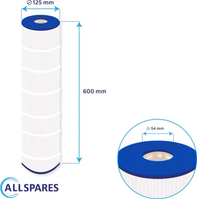 A diagram showing the dimensions of a water filter cartridge, with a close-up view of the top.
