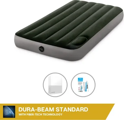 Produktbild von Intex Luftbett - 1 Person - 99 x 191 x 25 cm - Grün - Mit eingebauter Fußpumpe + Spannbettlaken Weiß + Reperaturset
