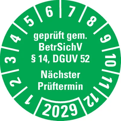 Produktbild von Dreifke® Prüfplakette BetrSichV §14, DGUV52, Nächster Prüftermin, 2029, grün,...