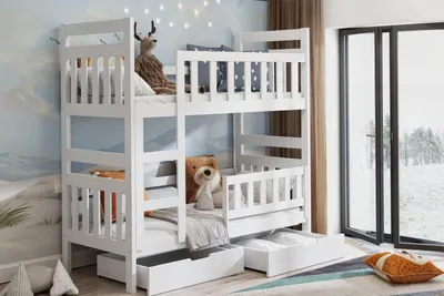 Produktbild von Masseno Etagenbett DINOS 80x160 cm mit Schublade, Rausfallschutz, Kinderbett mit Leiter für Mädchen und Jungs, Stockbett, Weiß