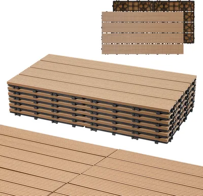 Zdjęcie produktu dla Aopunly WPC 6 płytek drewnopodobnych na taras, wymiary 60 x 30 x 2,2 cm, wzór tekowy, 1 m² płytek WPC z systemem zatrzaskowym, płytki balkonowe odporne na warunki atmosferyczne