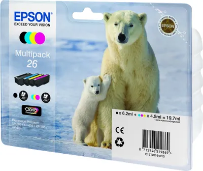 Zdjęcie produktu dla Epson Polar bear Atrament 26 Niedźwiedź polarny Claria Premium, opakowanie zbiorcze Multipack, cztery kolory, Standardowa wydajność, Czarny, Cyjan, Purpurowy, Żółty, Tusz na bazie pigmentu, Atrament barwnikowy, 6,2 ml, 4,5 ml