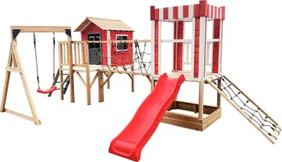 A wooden playground set with a red slide, swings, a small red house, and a climbing net, set against a white background.