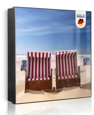 Zdjęcie produktu dla banjado metalowa szafka na klucze, duża 30x30 cm z 32 haczykami, może służyć jako tablica magnetyczna, czarny korpus, zawias po lewej stronie, Strandkörbe [SKG2 10218]