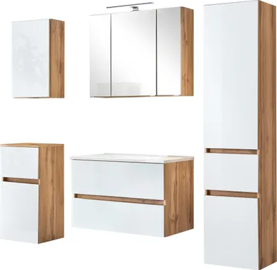 Produktbild von Waschtisch-Set Bad-Set Badezimmer Badezimmer-Set "Oulu VII" Wotan-Eiche, Weiß