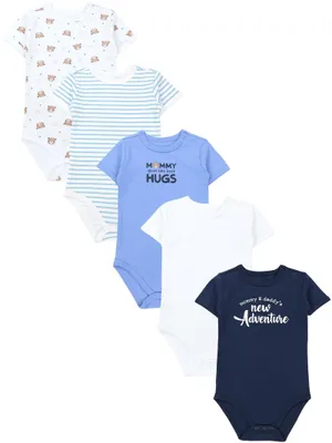 Produktbild von TupTam Baby Body Kurzarm im 5er Pack – Bedruckter Body Baby aus Baumwolle für Jungen und Mädchen, Farbe: Bären_New Adventure_Hugs_Streifen, Größe: 92