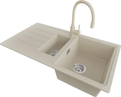 Produktbild von PRIMAGRAN Granitspüle Beige 90x50cm, Spülbecken 1,5 Becken + Küchenarmatur 38x14cm + Ablauf-Set, Küchenspüle ab 60er Unterschrank - Kopenhagen Duo