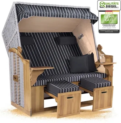 Produktbild von Strandkorb Ostsee 2,5-Sitzer 150cm breit in Beige Anthrazit Weiß Nadelstreifen Zerlegt ideal für Balkon, Terrasse oder Garten