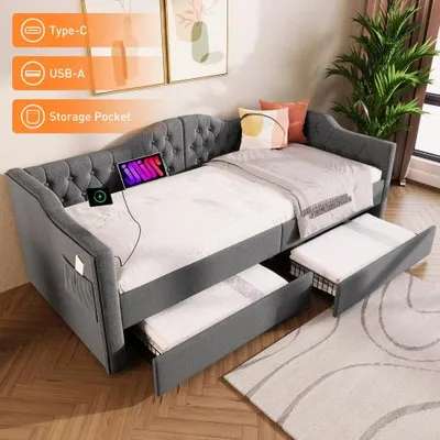 Produktbild von Elegantes Daybed Schlafsofa mit USB Typ-C Ladefunktion, 2 Schubladen, Samtstoff in Grau, perfekte Wahl für Kinder- oder Gästezimmer, 90x200 cm