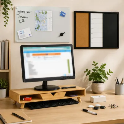 Image de Ensemble de bureau à domicile avec tableau blanc en verre (3 pièces) – Tableau magnétique, support d'écran en bambou et agenda de notes