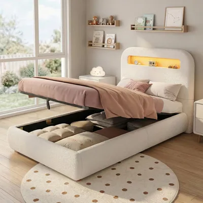 Produktbild von okwish Polsterbett 90x200 Kinderbett mit hydraulischem Stauraum und LED-Beleuchtung Einzelbett mit offenen Fächern und Lattenrost Bettgestell Viel Stauraum Weiß (ohne Matratze)